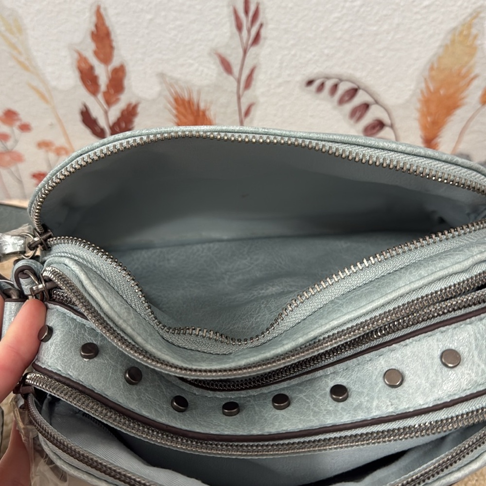 T-Shirt & Jeans Light Blue Studded Crossbody Handbag - Slate Blue - Picture 9 of 10